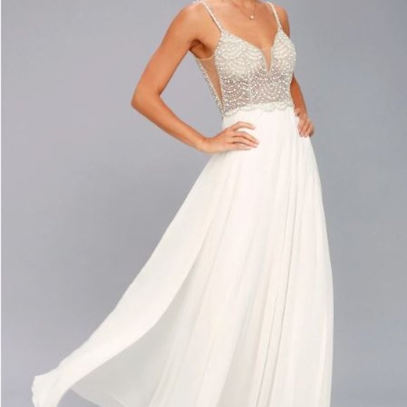 NEW Lulu’s White Beaded Rhinestone Maxi Bridal Dress